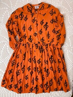 Beau Loves Girls 6-7 Orange Music Treble Clef Long Sleeve Collar Dress